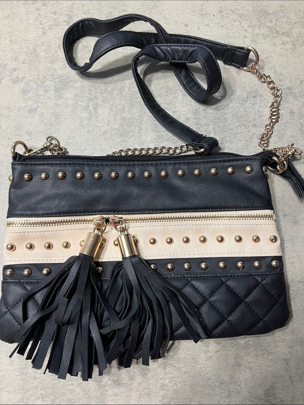 Claire's Black and Cream Studded Crossbody with Tassels